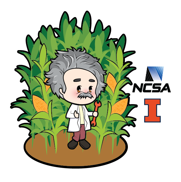Einstein guy in a corn field and Illinois and NCSA logos
